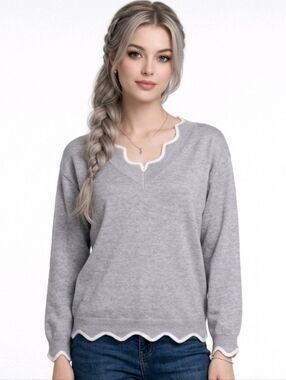 Misslook Marbled Gray And White Scalloped V-neck Wool Sweater Size M